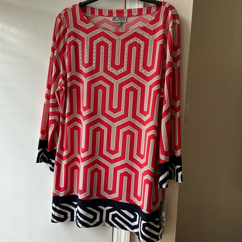 JM Collection top.  Size L. Beautiful colors, coral, Dark blue, silver sequins.